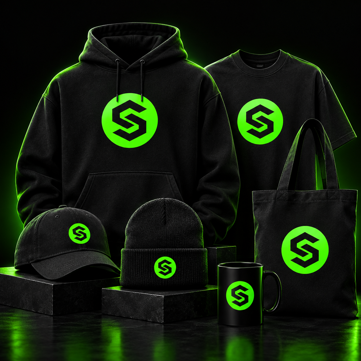 Black side hustles hoodie, T-shirt, cap, beanie, tote bag and mug with neon-green logos